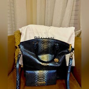 Brahmin Blue and Gold Shoulder Bag with Luxurious Texture & Matching Wallet
